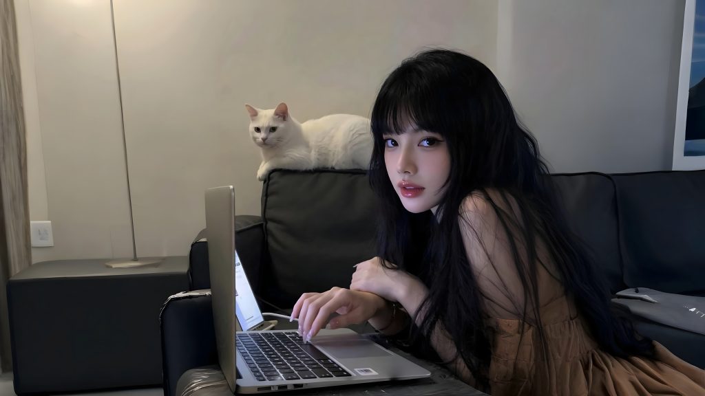 居家氛围感黑发美女坐在沙发上使用笔记本电脑，身后有一只白猫的电脑壁纸